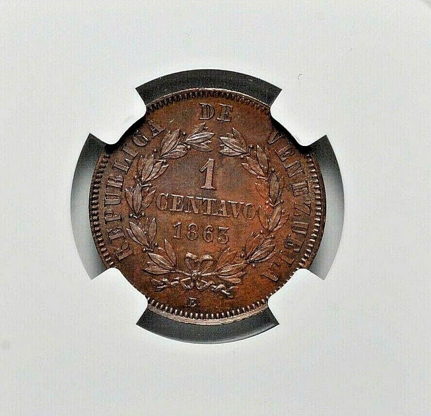 1863-E VENEZUELA REPUBLIC COPPER ESSAI CENTAVO (PATTERN) NGC GEM SPECIMEN-65 BWN 4