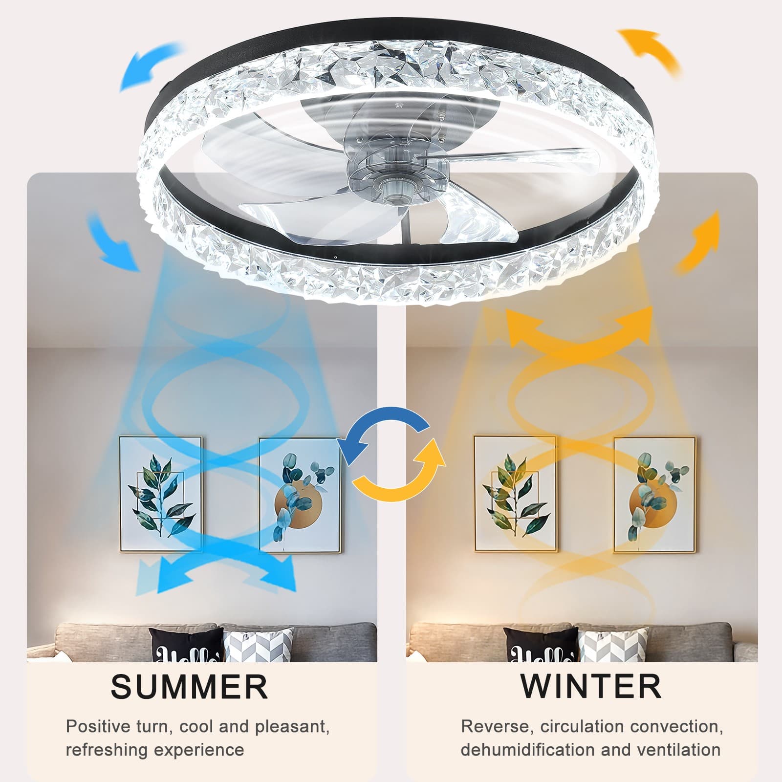 20" Ceiling Fan With LED Lights Crystal Design Flush Mount Remote & APP Control 4