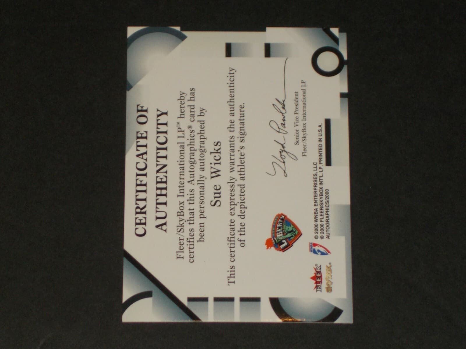 2000 Fleer Skybox WNBA , AUTOGRAPHICS, SUE WICKS, BEAUTIFUL Card!!! 2