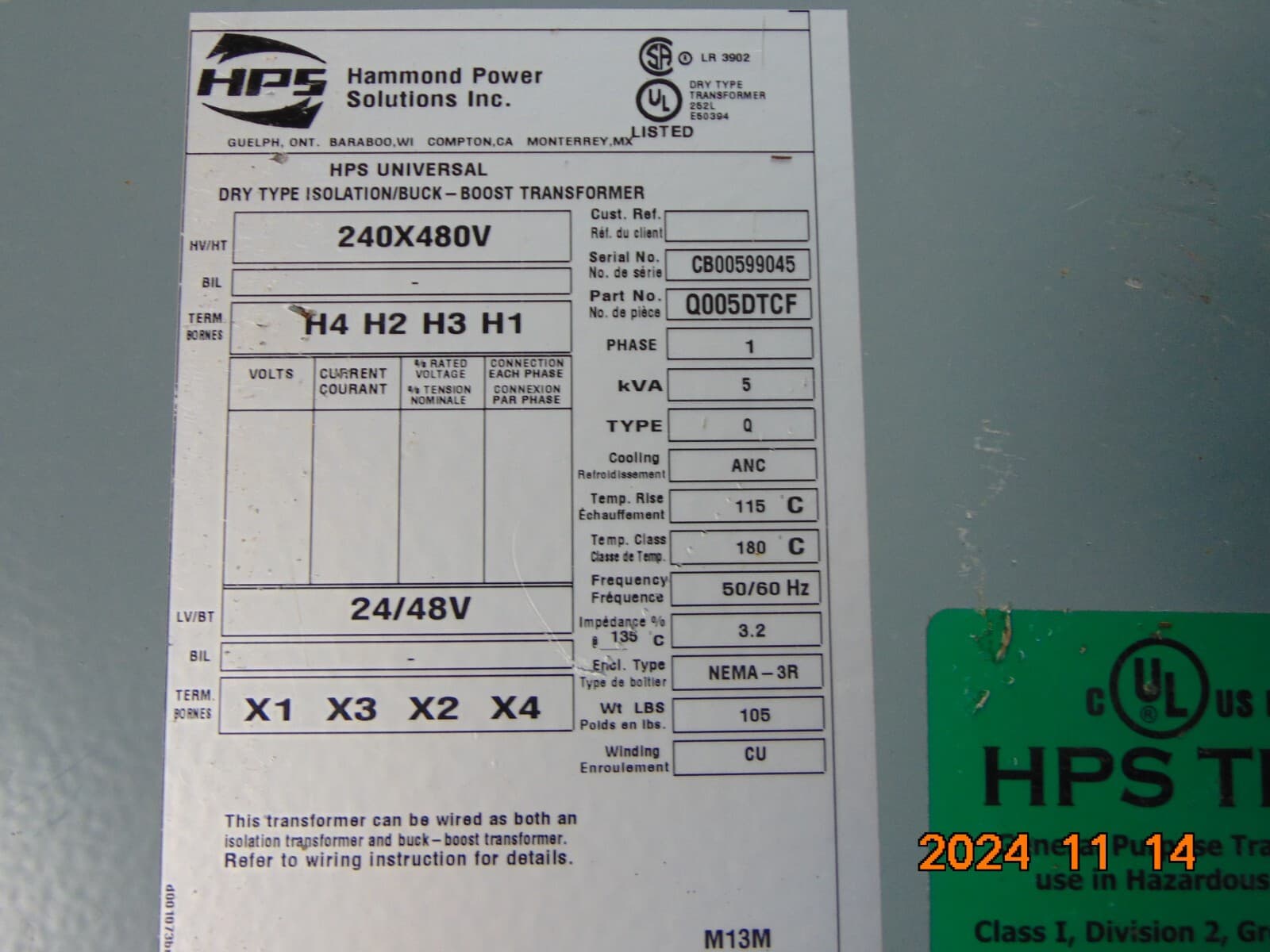HPS HAMMOND Q005DTCF 5kVA DRY TYPE ISOLATION / BUCK-BOOST TRANSFORMER 1-PHASE 2