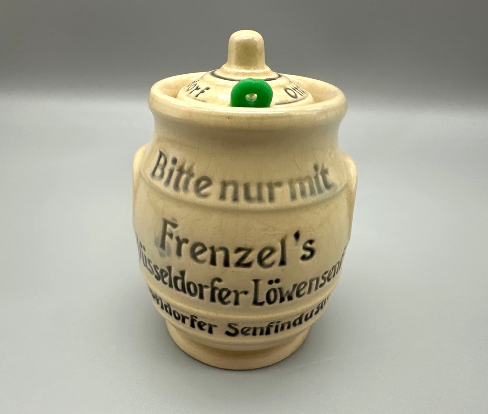 Vintage Germany Mustard Pot Frenzel Düsseldorf Löwensenf Stoneware W/Lid Spoon 5
