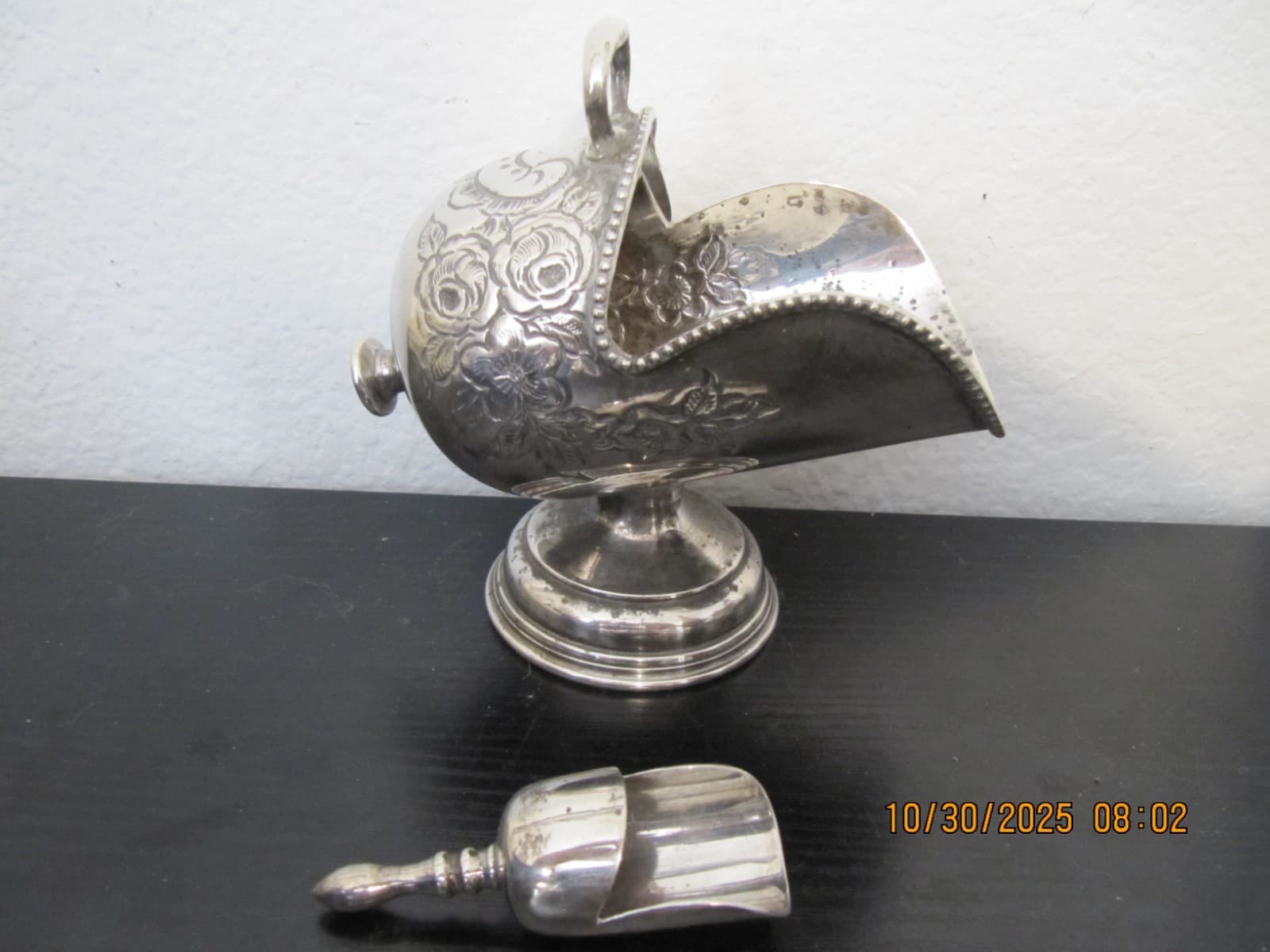 Vintage Silver Plate Sugar Scuttle With Spoon Scoop 3