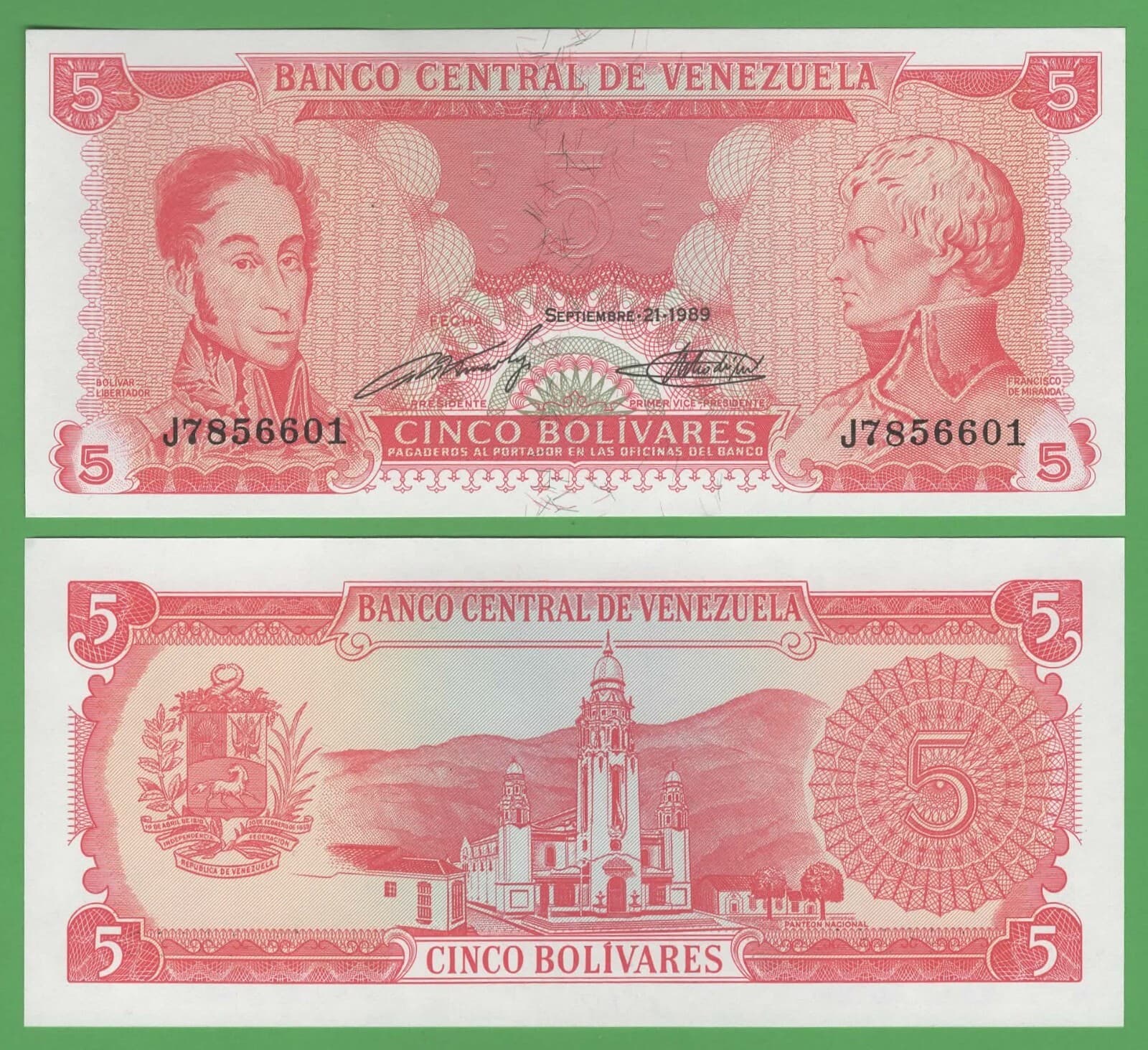 Lot of 5 Venezuela 5 Bolivares 1989 P-70a UNC South America Currency Consecutive 3