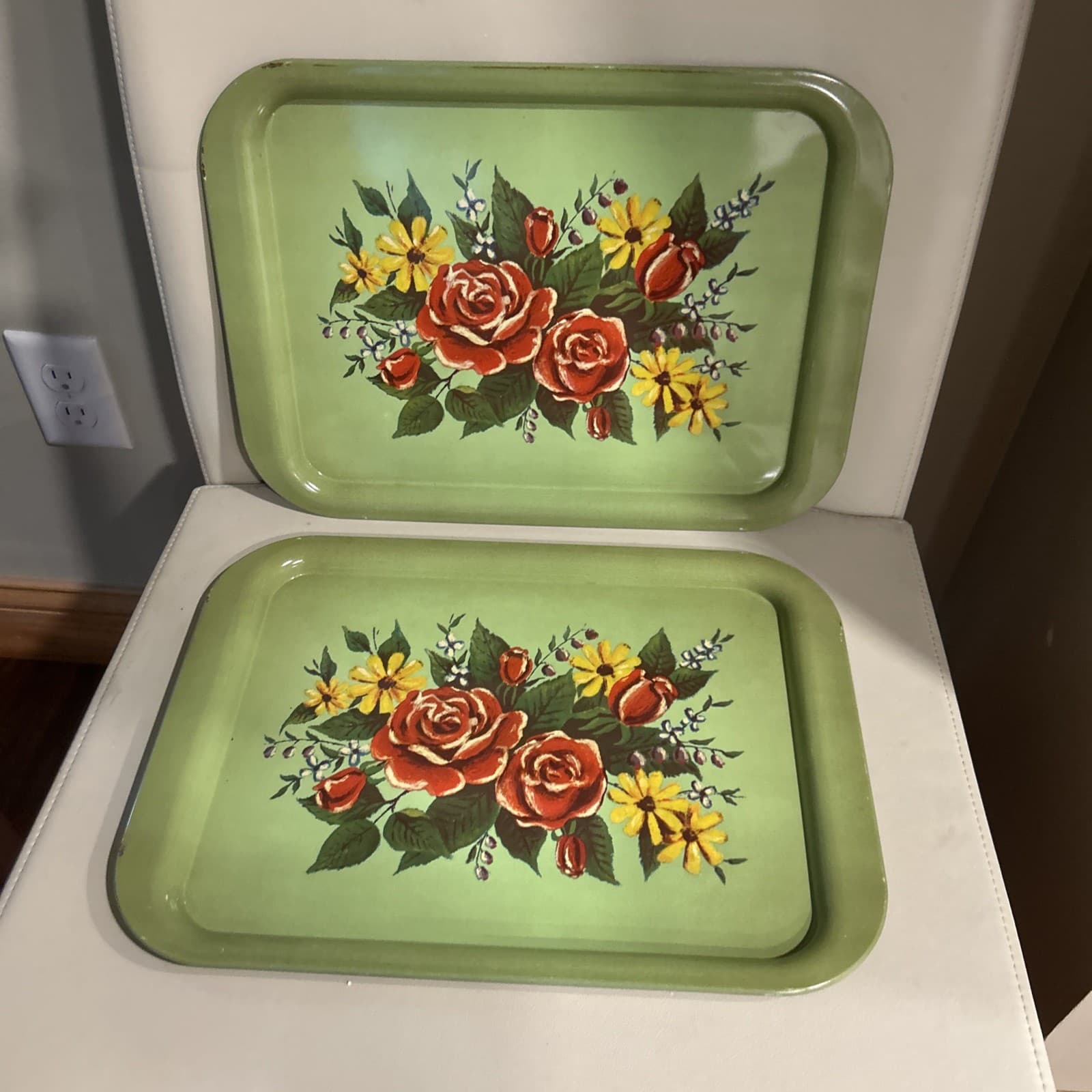2 Vintage MCM Metal Lap Bed TV Tray Floral 14.5” X 11” green, red yellow roses 2