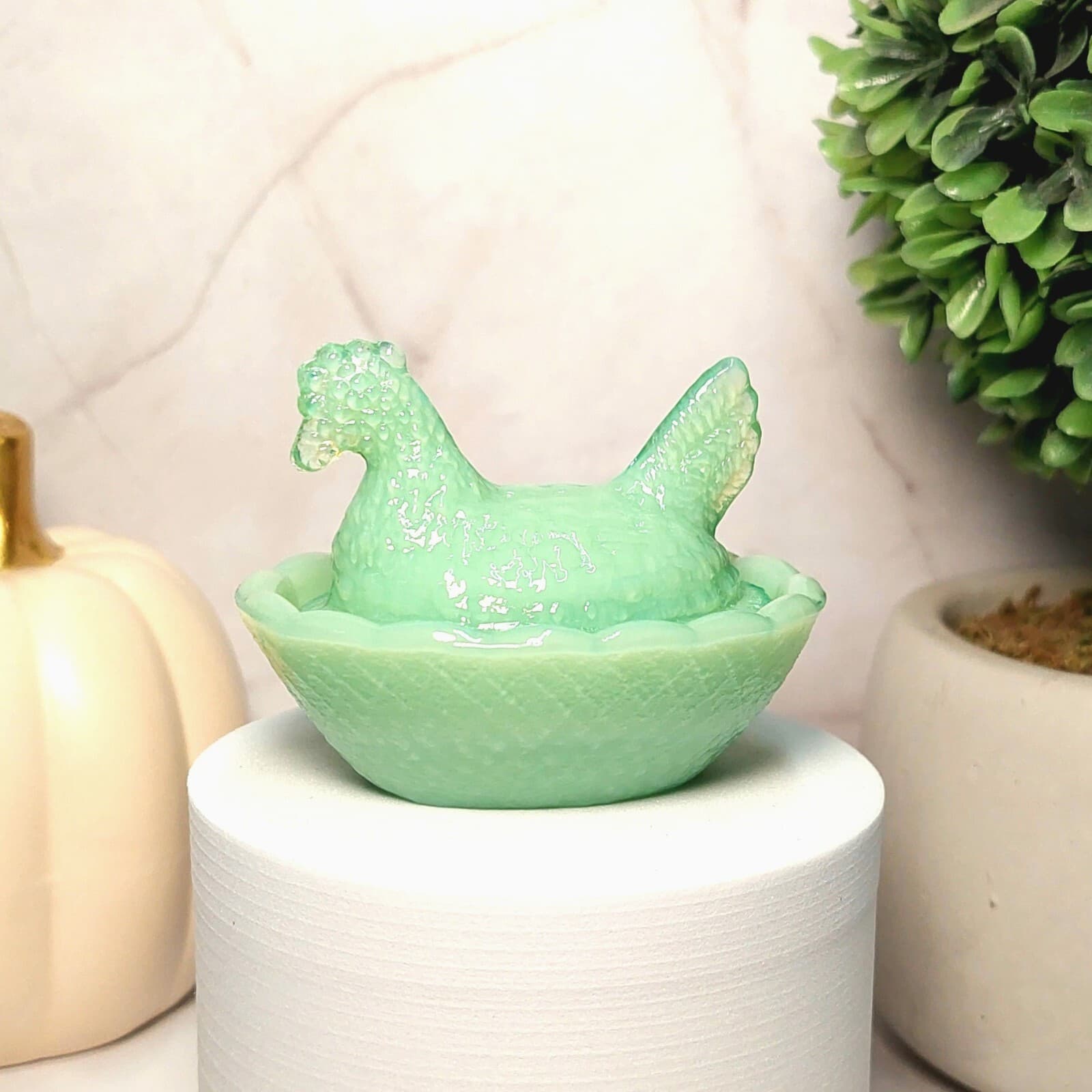 Vintage Hen On Nest Chicken Salt Cellar Dish, Jadeite Depression Style Glass 2