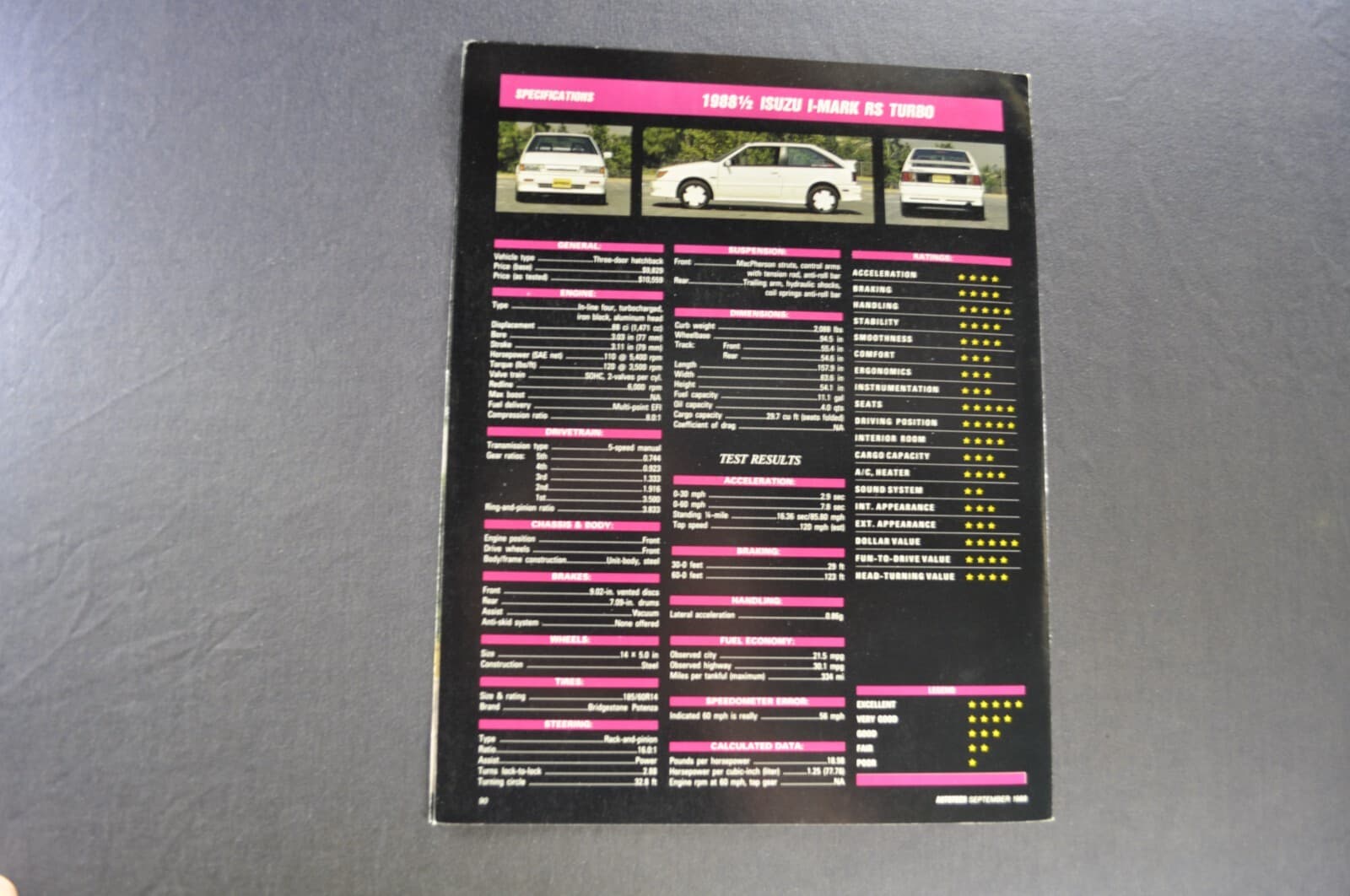 1988 1/2 Isuzu I-Mark RS Turbo Road Test Brochure Folder Excellent Original 3