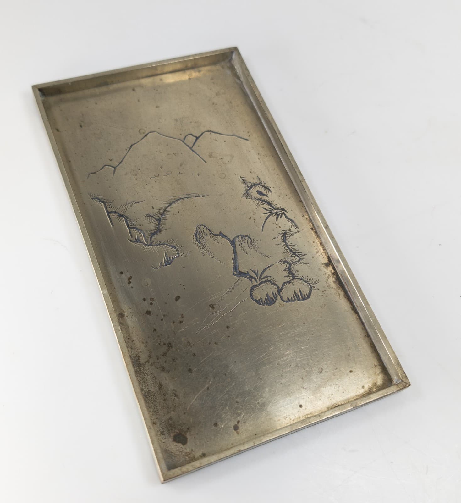 Antique Chinese Engraved Paktong Card Tray with Landscape with Trees 2