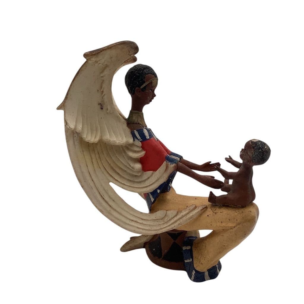 Hand-Carved African American Angel Figurine with Child