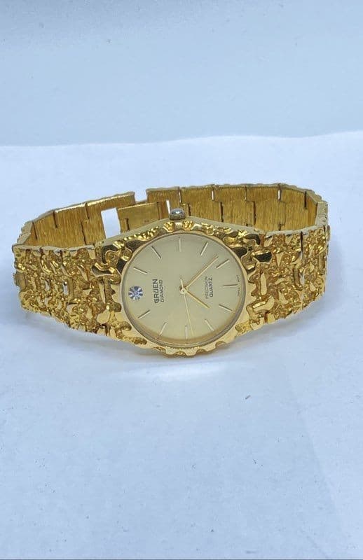 Gruen Diamond 32mm Precision Quartz Nugget Style Gold Tone Unisex Watch 62.4g 2