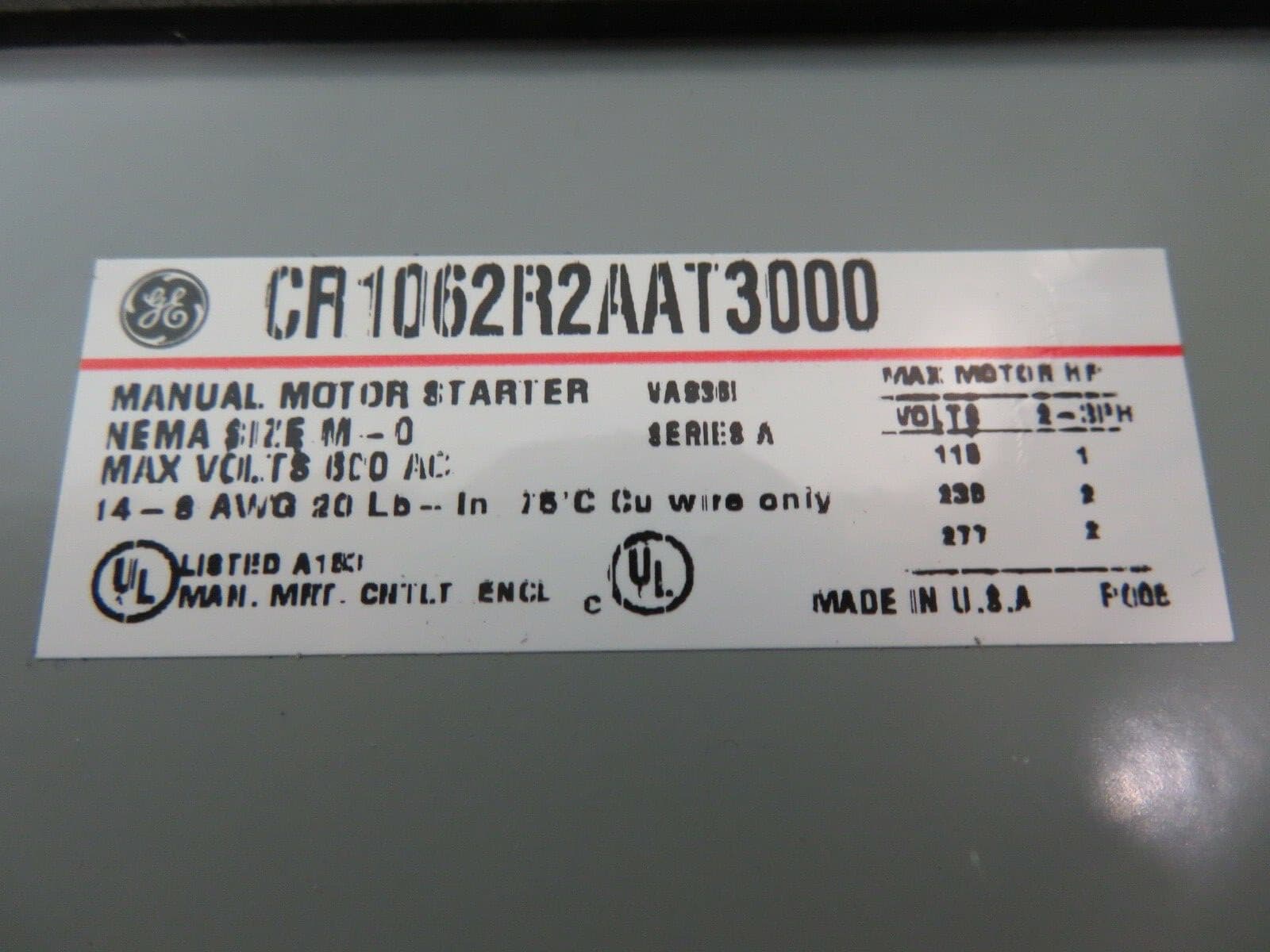 GE CR1062S2AAT3000 2P 1 O/L Nema M-1 Manual Motor Starter 10hp NEW 5