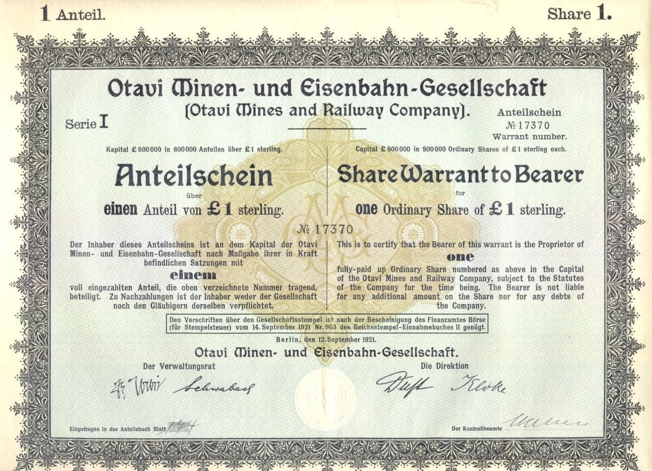 1921 Otavi Minen und Eisenbahn Gesellschaft - Namibia, Africa Mine & Railroad Co