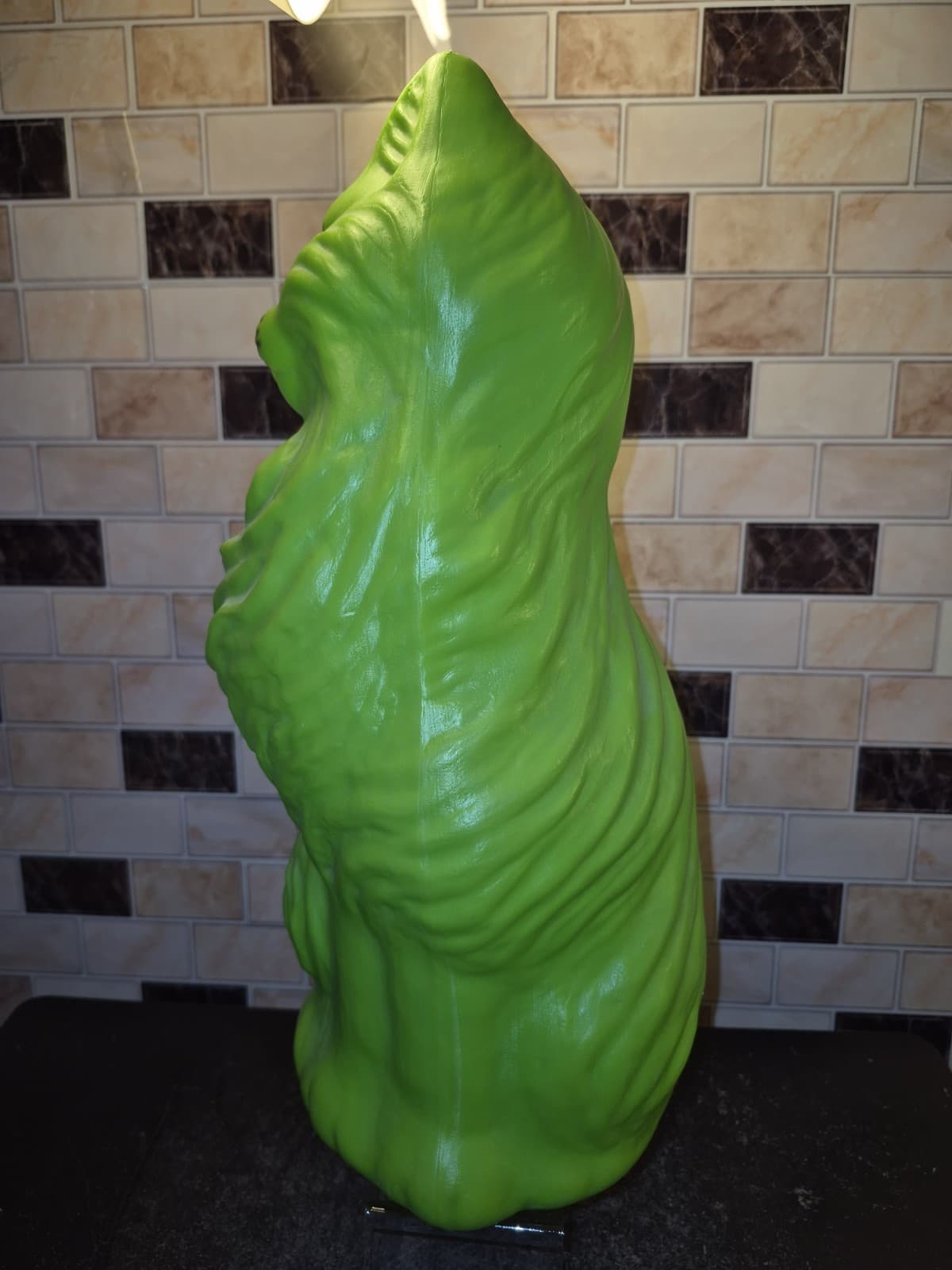 Vintage A.J. Renzi 16 Inch Cat Blow Mold Coin Money Bank Green With Pink Eyes 2