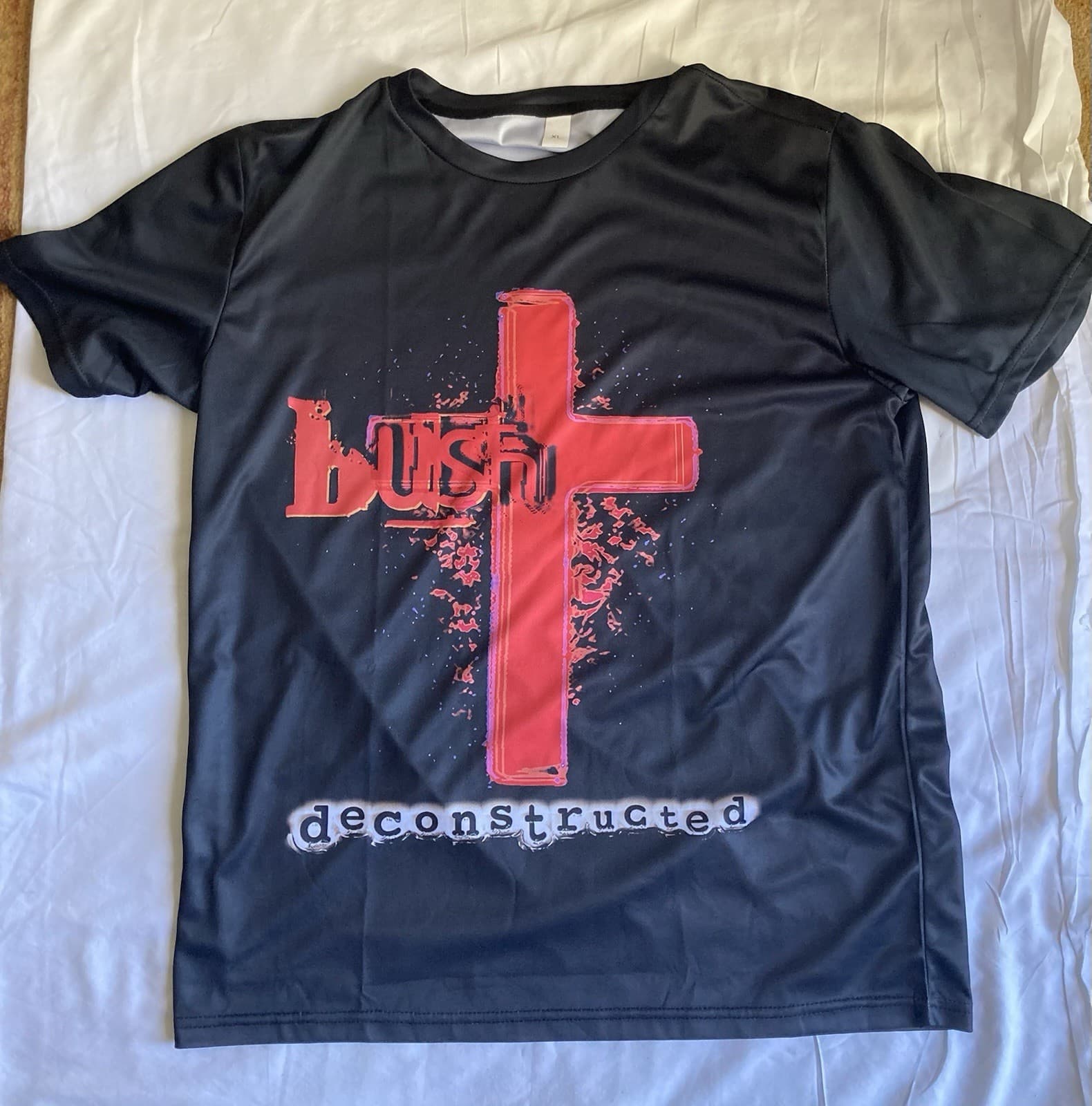 BUSH (ROCK AND ROLL BAND) DECONSTRUCTED POLYESTER T SHIRT XL NEW, NO TAGS 