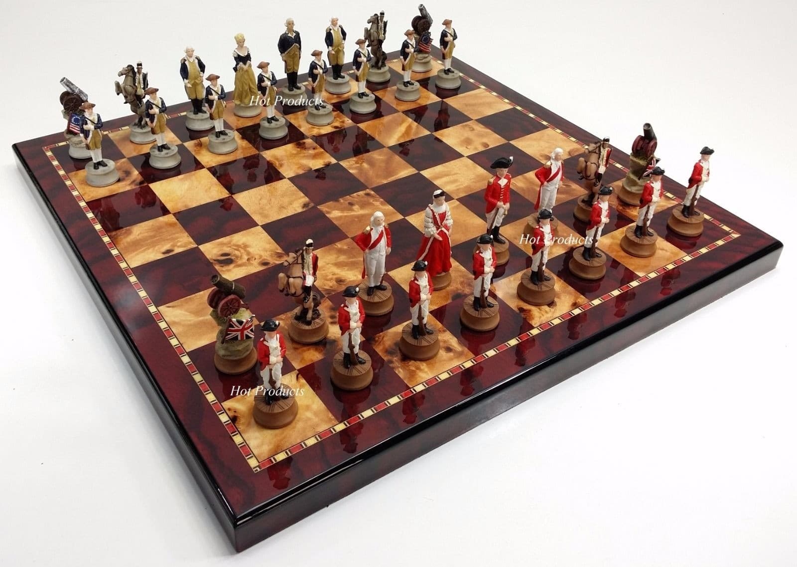 US Revolutionary War Chess Set W 18" Cherry Color Board American Revolution 2