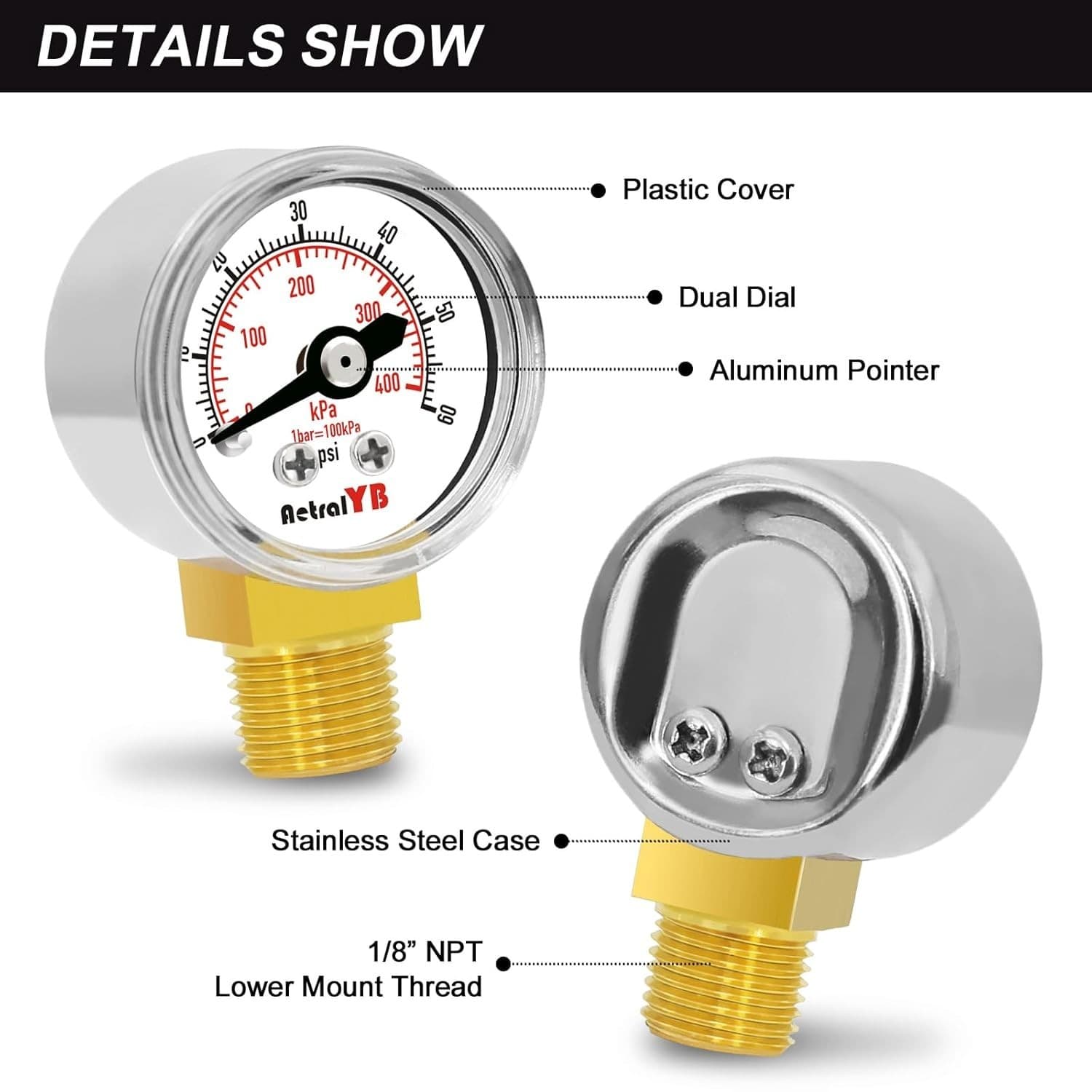 1-Inch Mini Pressure Gauge 0-60 PSI / 0-400 kPa Dual-Scale Dial 1/8” NPT Bott... 5
