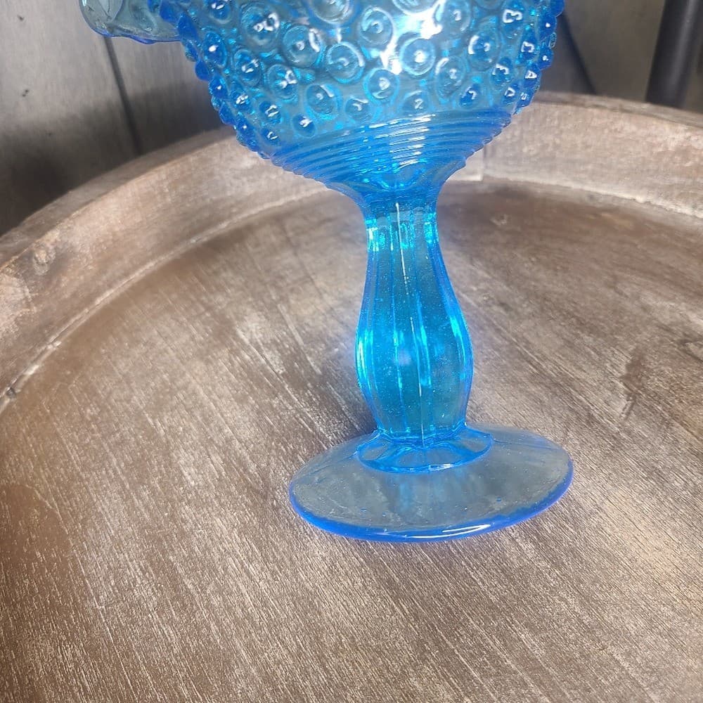 Vintage Fenton Pressed Glass Hobnail Tourqoise Glass Ruffled Edge Compote 6 x5 3