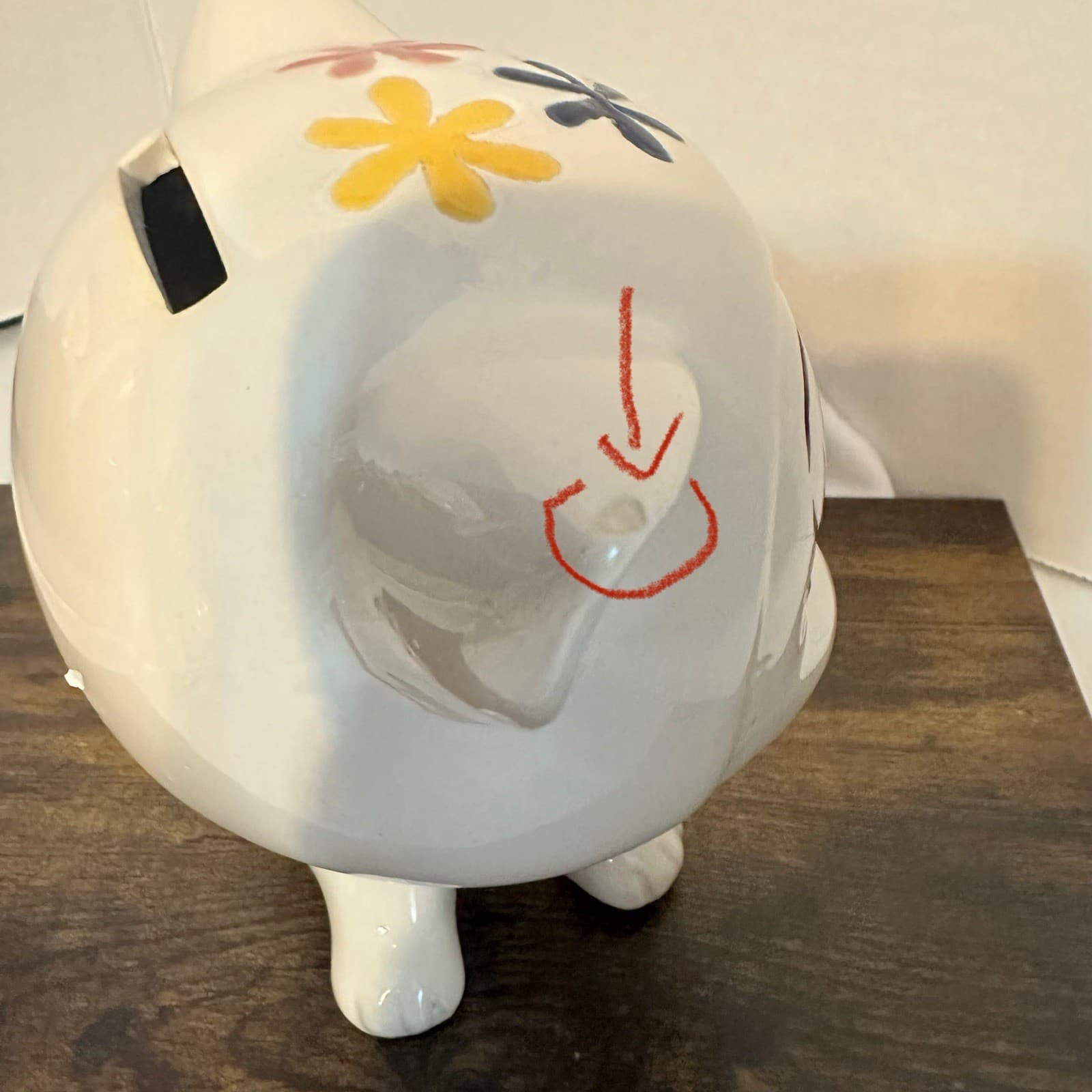 Kitty Cat Coin Bank Ceramic Big Eyes 70s Flower Power Vintage With Flaws 5