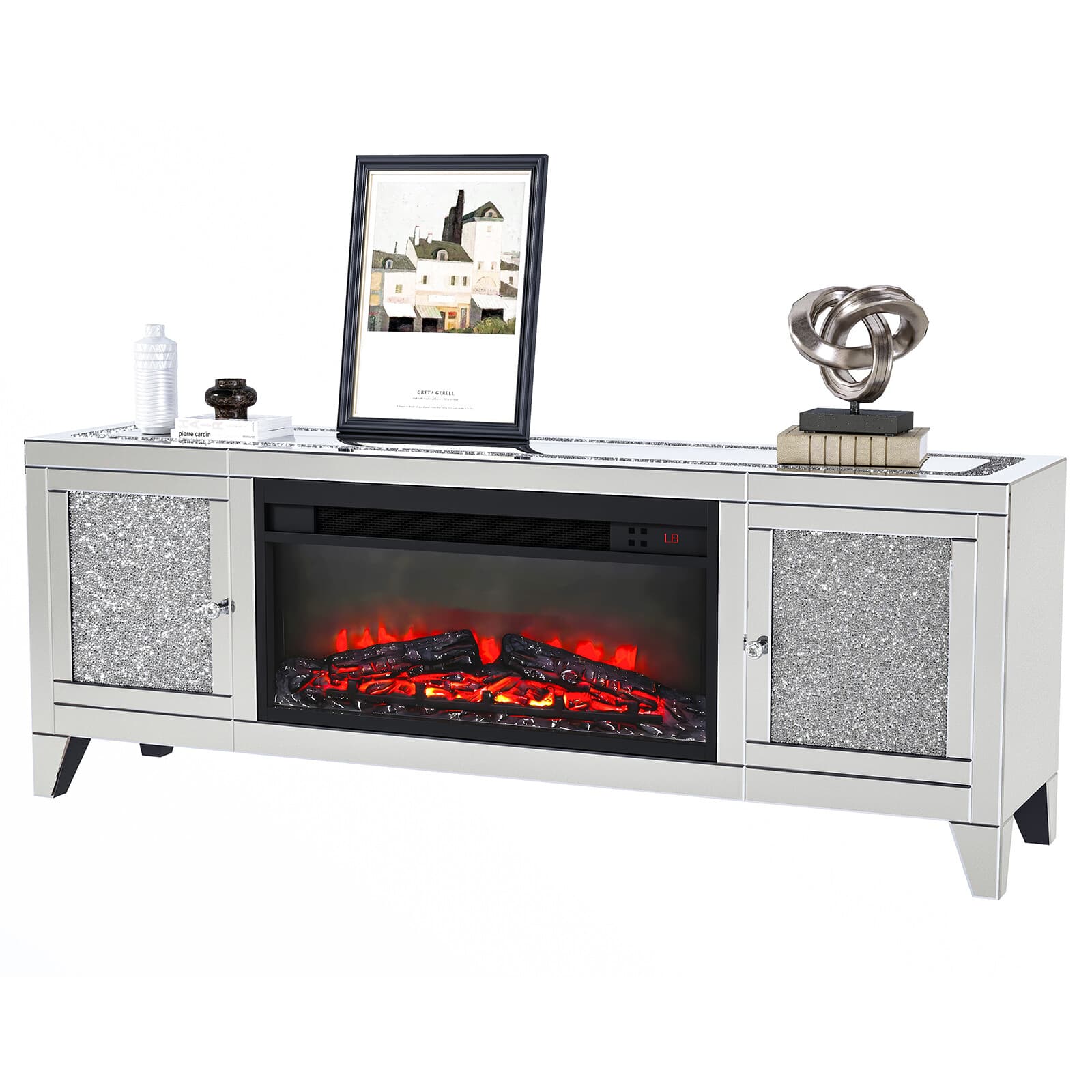 COSVALVE 59"Mirrored Fireplace TV Stand Entertainment Center Crush Diamond 2Door 5