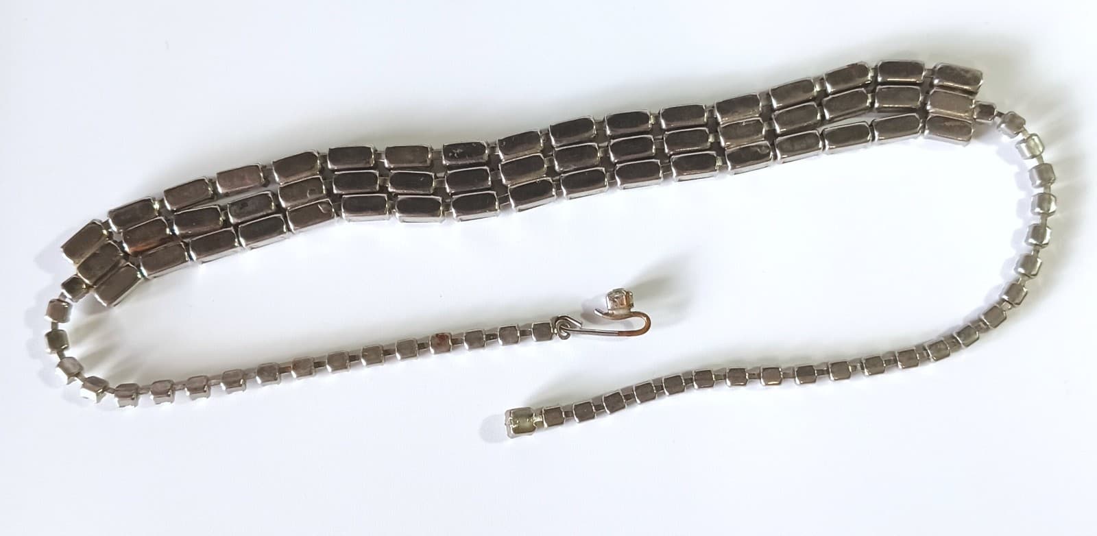 Vintage Silver-tone Necklace w 3 Rows of Baguette White Rhinestones 16" 6