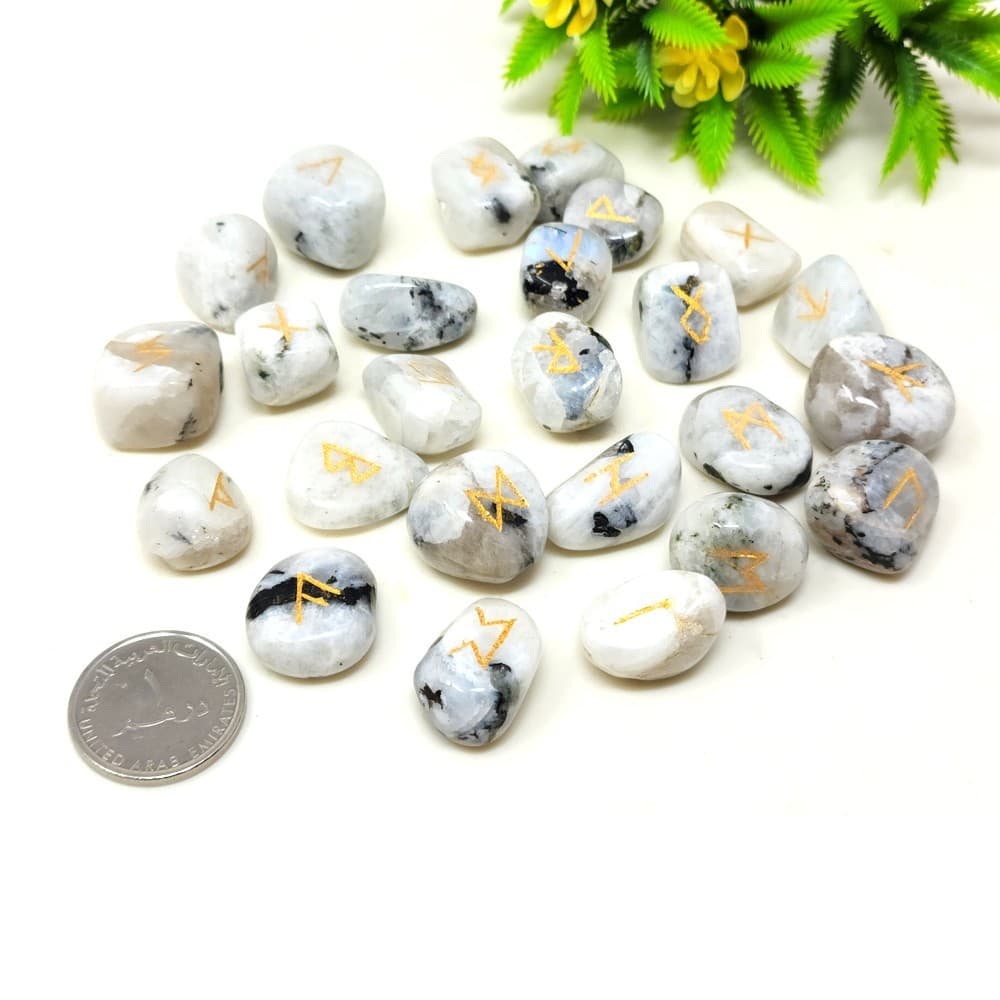 White Rainbow Moonstone Rune Set | 25 Hand-Carved Viking Runes for Wicca Gift 4