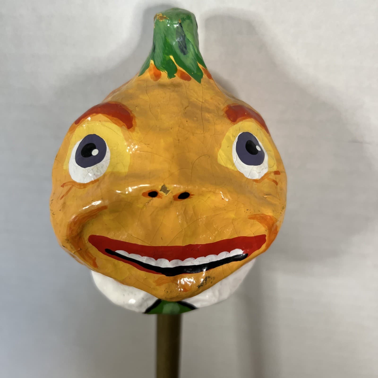 Vintage Paper Mache Pumpkin Head Day Of The Dead Folk Art Halloween Rattle