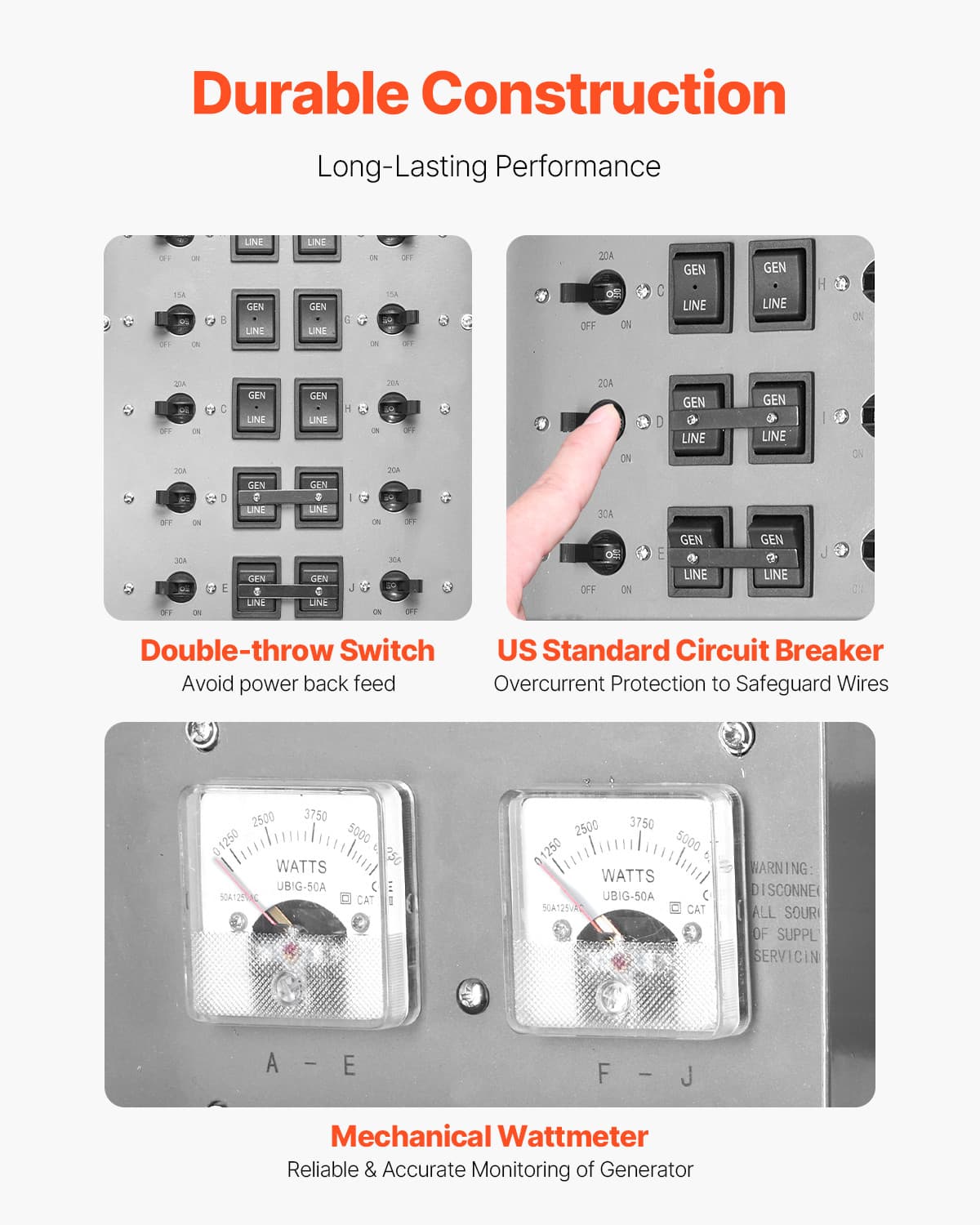 VEVOR Manual Transfer Switch 50A Generator Transfer Switch Kit NEMA 3R 12500W 3