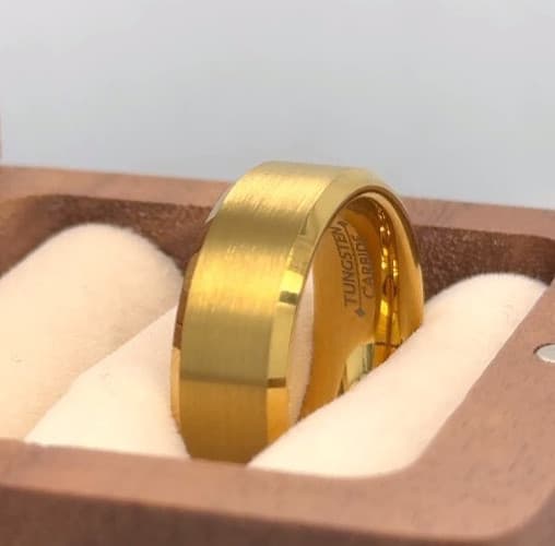 His and Her Handmade Gold Tungsten Flat Matching Wedding Bands Engagement Ring