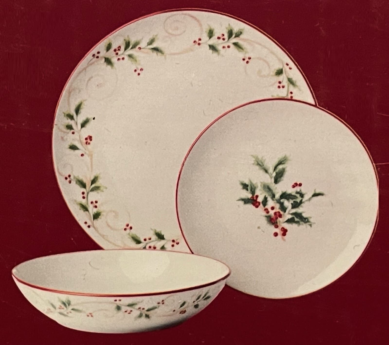 Lenox 12 piece Holiday Dinnerware Set Holly Scroll Berry Red Trim Free Shipping 2