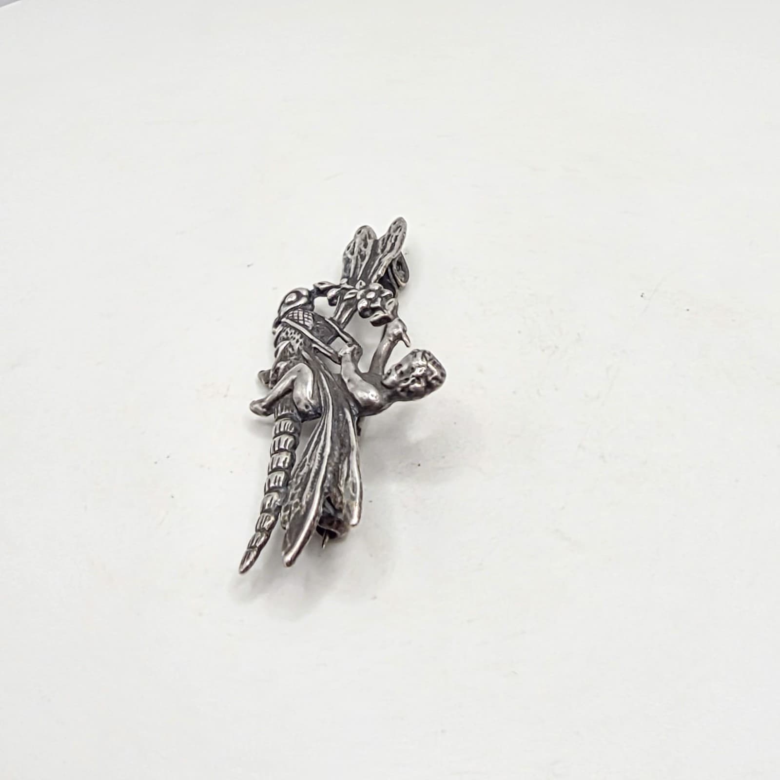Sterling Silver 925 Art Nouveau Style Fairy Cherub Dragonfly 1.75" Brooch Pin 5