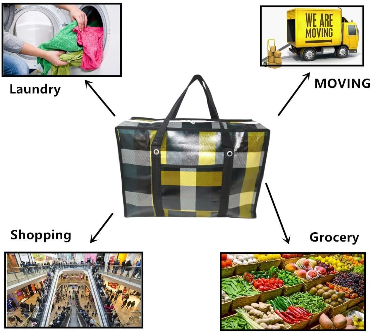 2/4 Reusable Large Plastic Fabric Shopping Laundry Moving Storage Bag Zipper 6