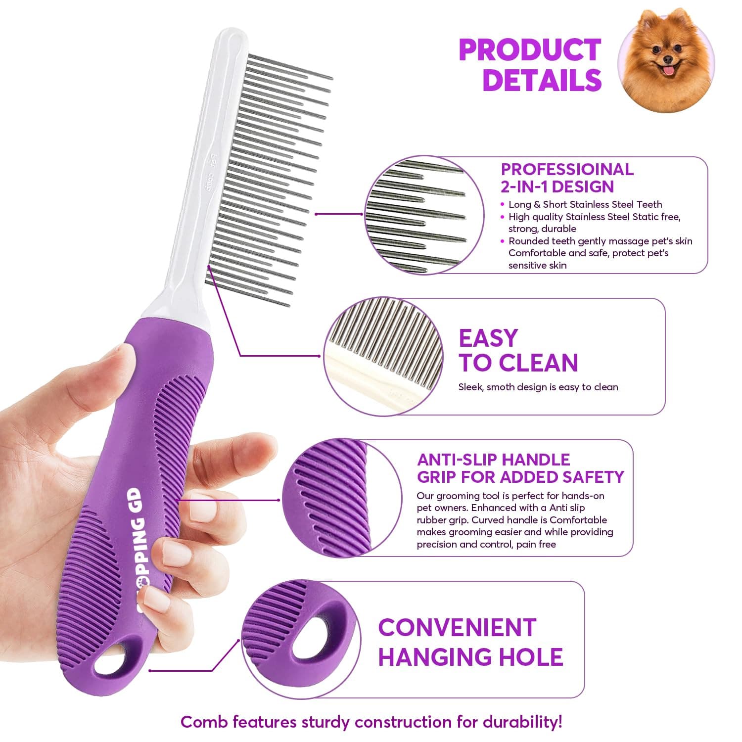 Detangling Pet Comb for Dogs & Cats with Long & Short Stainless Steel Metal Teet 2
