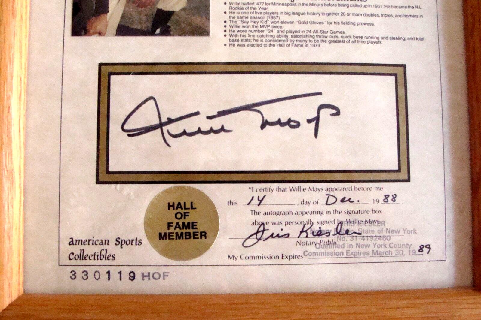 1988 WILLIE MAYS AMERICAN SPORTS COLLECTIBLES AUTOGRAPHED & FRAMED CAREER STATS 3