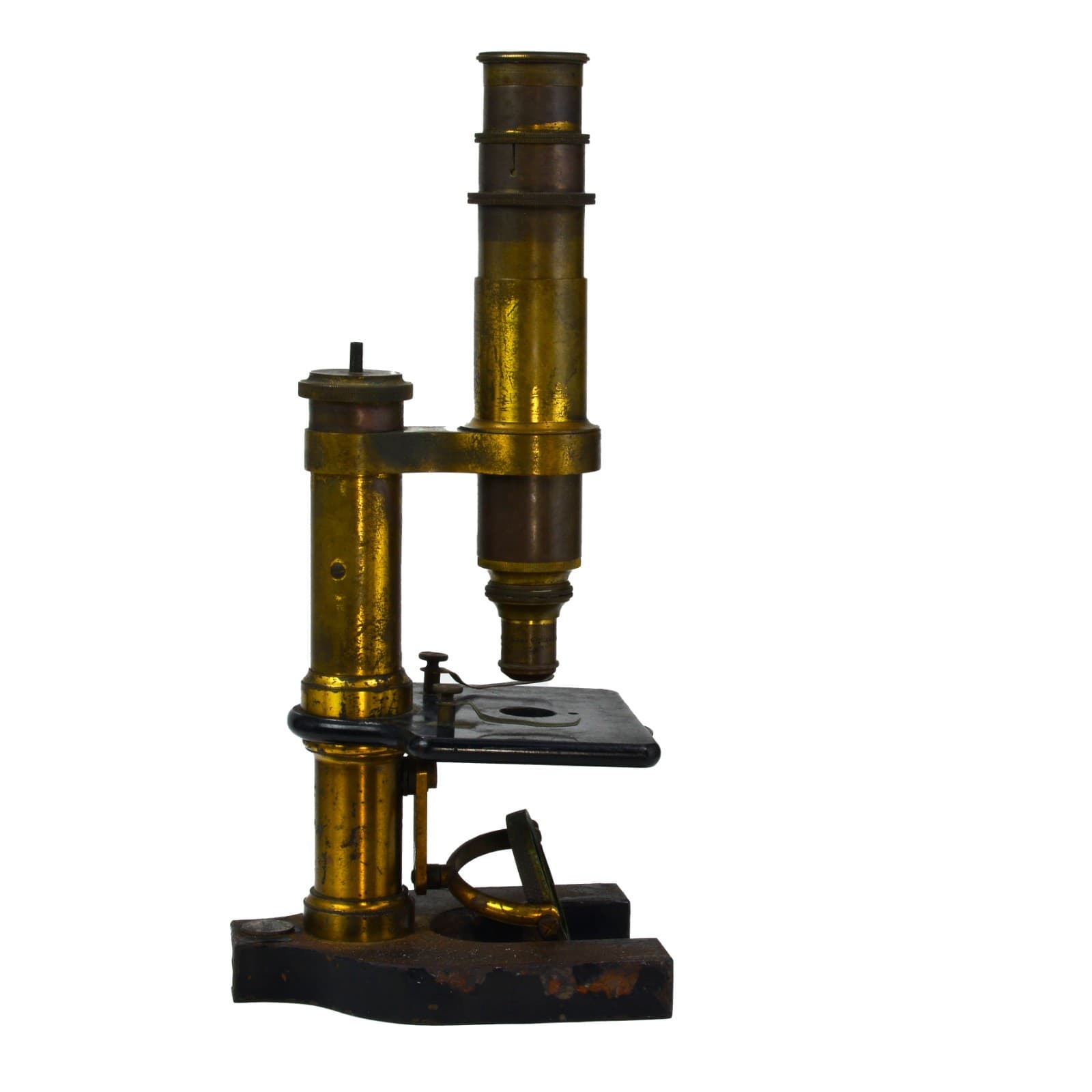 Small antique brass microscope single lens, cast iron base