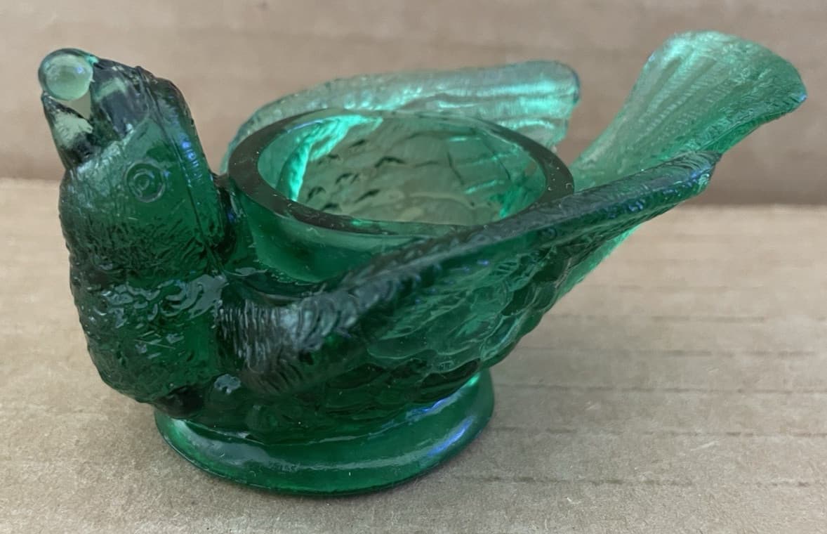 Vintage DEGENHART GLASS Bird Open Salt Cellar Dip GREEN