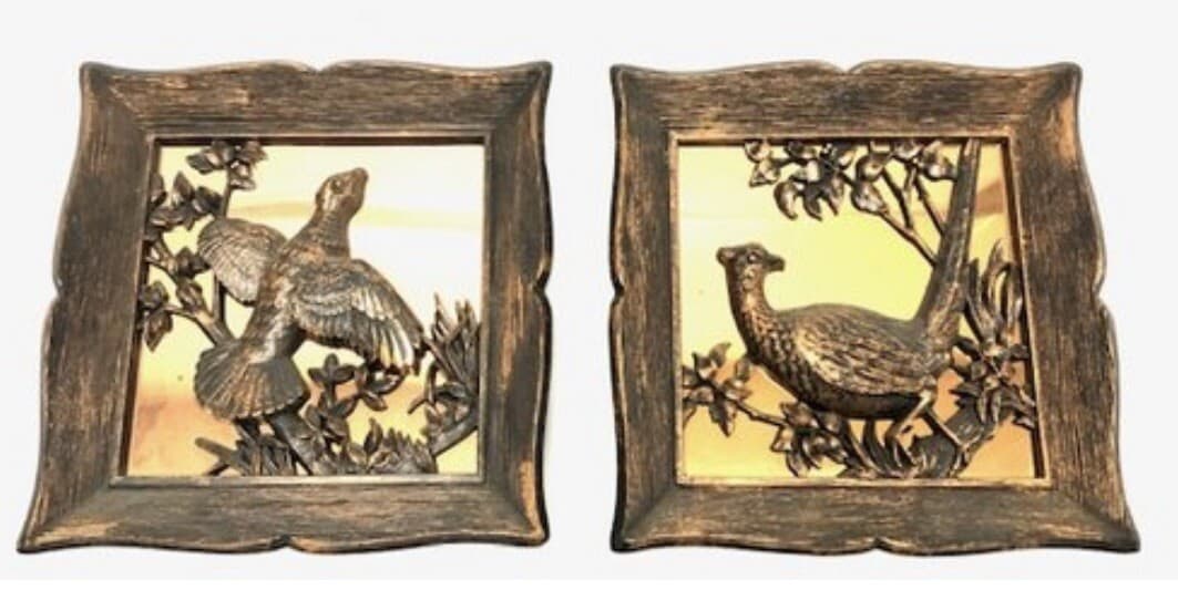 1963 Coppercraft Guild Two Copper 3-D Bird Wall Hangings Pheasants 9x9 Set GUC