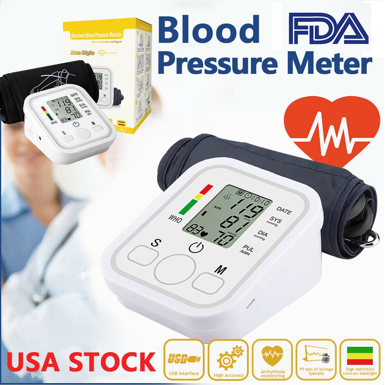 Automatic Upper Arm Blood Pressure Monitor Pulse Meter BP Machine Voice Talking 2