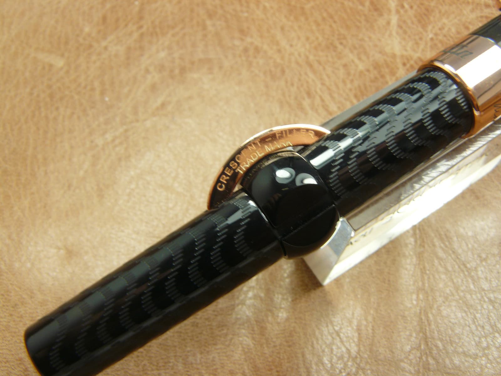 CONKLIN MARK TWAIN CRESCENT FOUNTAIN PEN BLACK CHASED /GOLD TRIM  EX FINE NIB 6