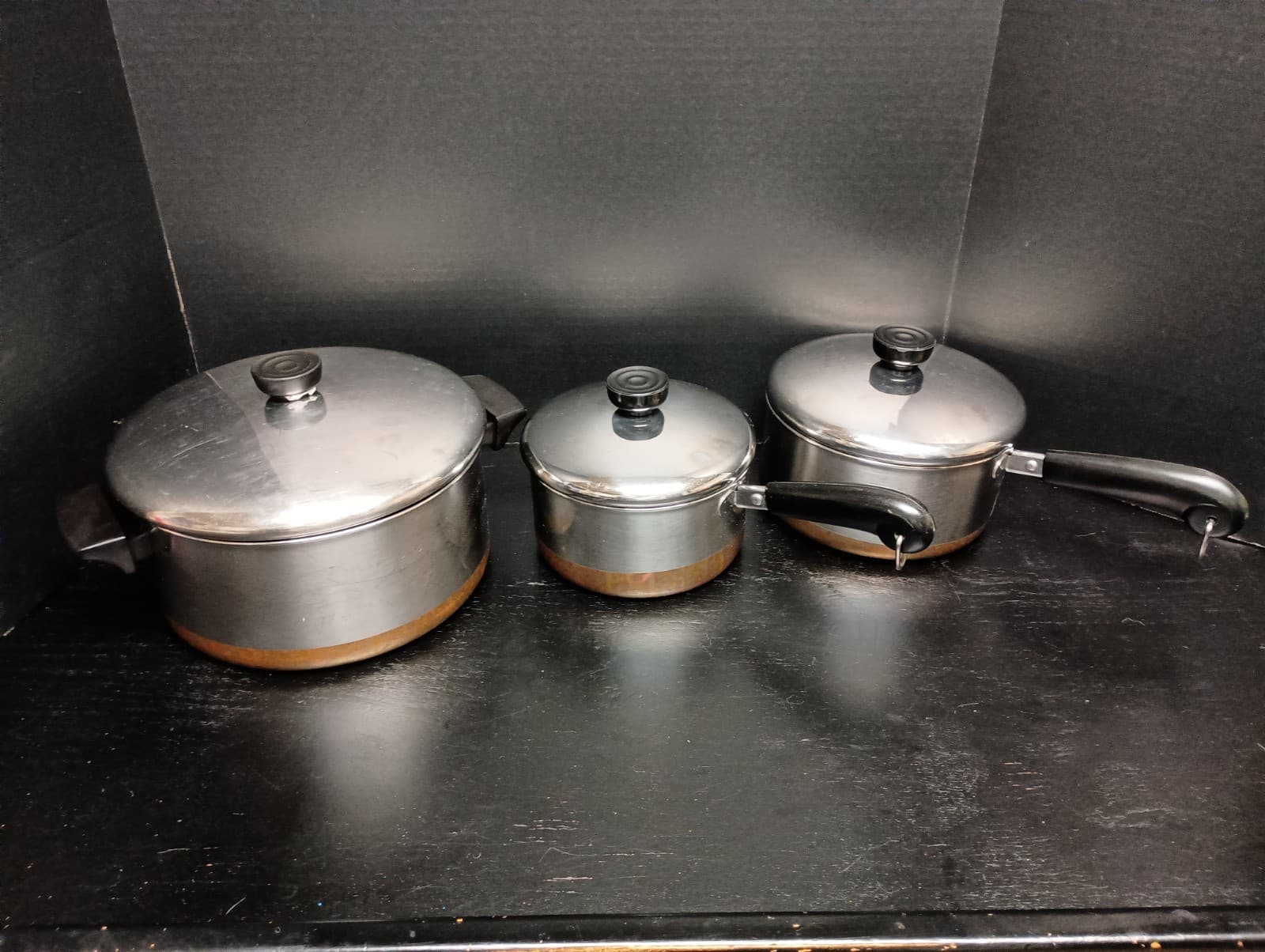 Vtg Set Of 3 Copper Bottom Revere Ware Pots W/ Lids 4.5, 2 & 1.5 QT Stock Sauce 2