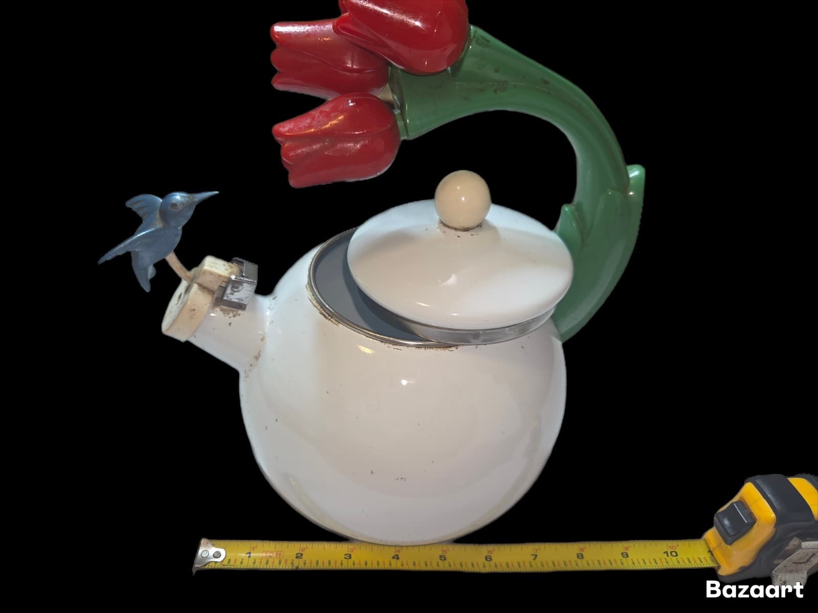 VINTAGE 1990S VIA ANCONA HUMMINGBIRD AND TULIPS ENAMEL WHISTLING TEA KETTLE 4