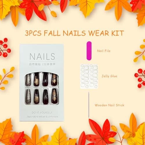 Fall Maple Leaf Press on Nails Medium Coffin Fake Nails Fall Press on Nails 1 5