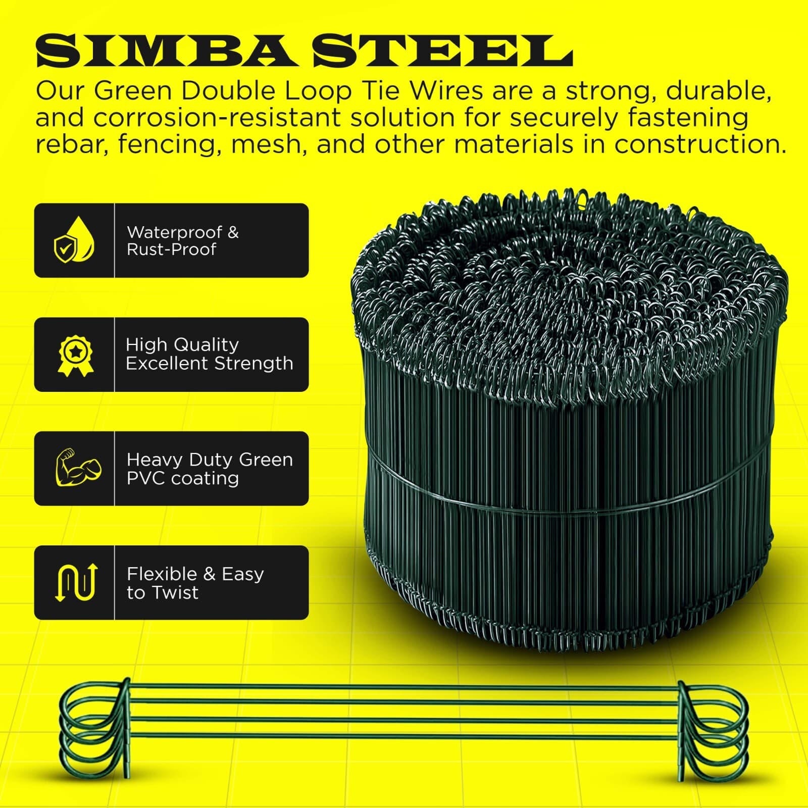 8 Inch x 1000pc GREEN PVC COATED Double Loop Rebar Wire Tie, 17 Gauge SIMBASTEEL 2