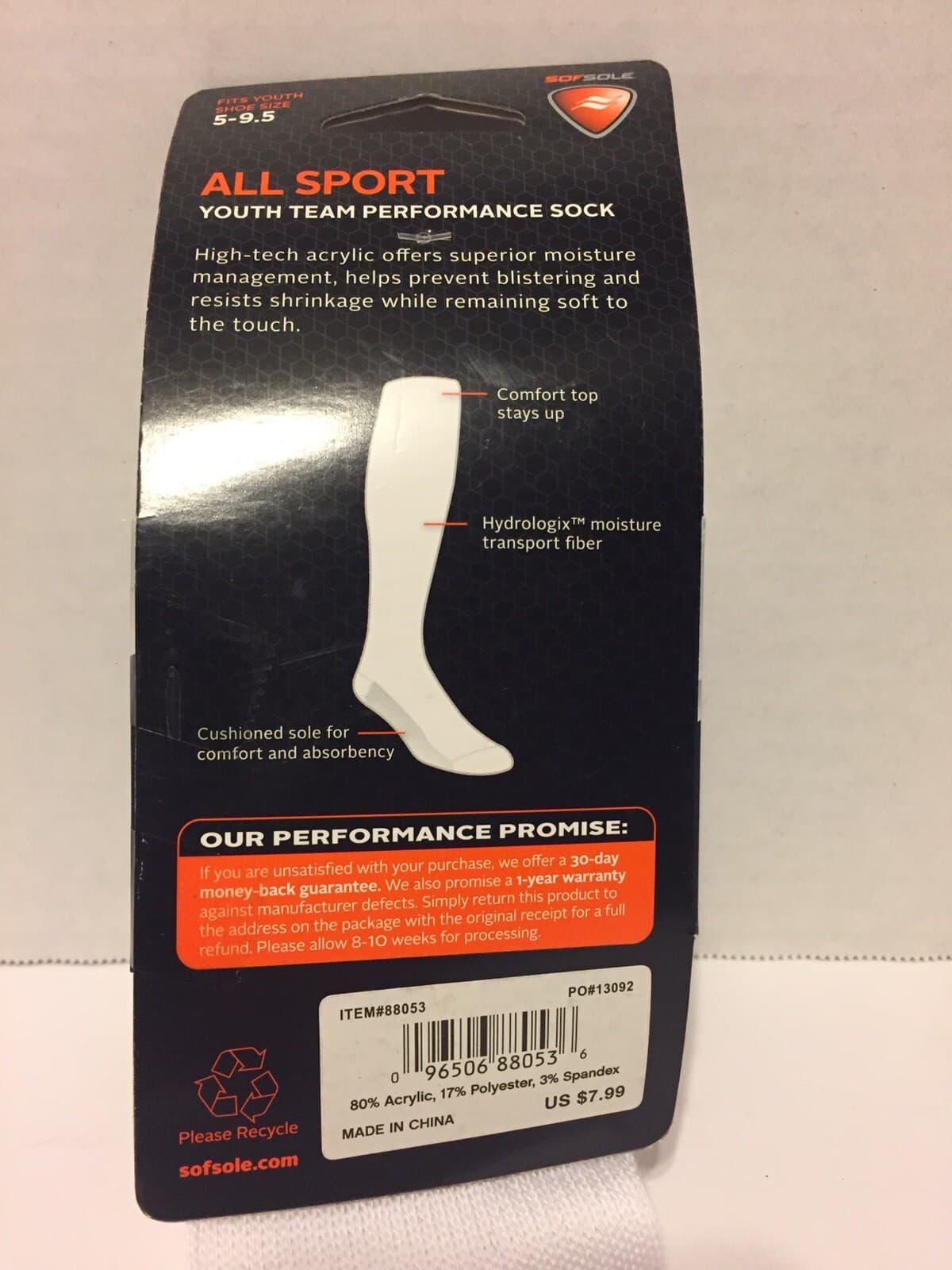 SOFSOLE ALL SPORT TEAM SOCK  WHITE  Youth XS  size 5-9.5. Lot of 3, 6 pairs 2