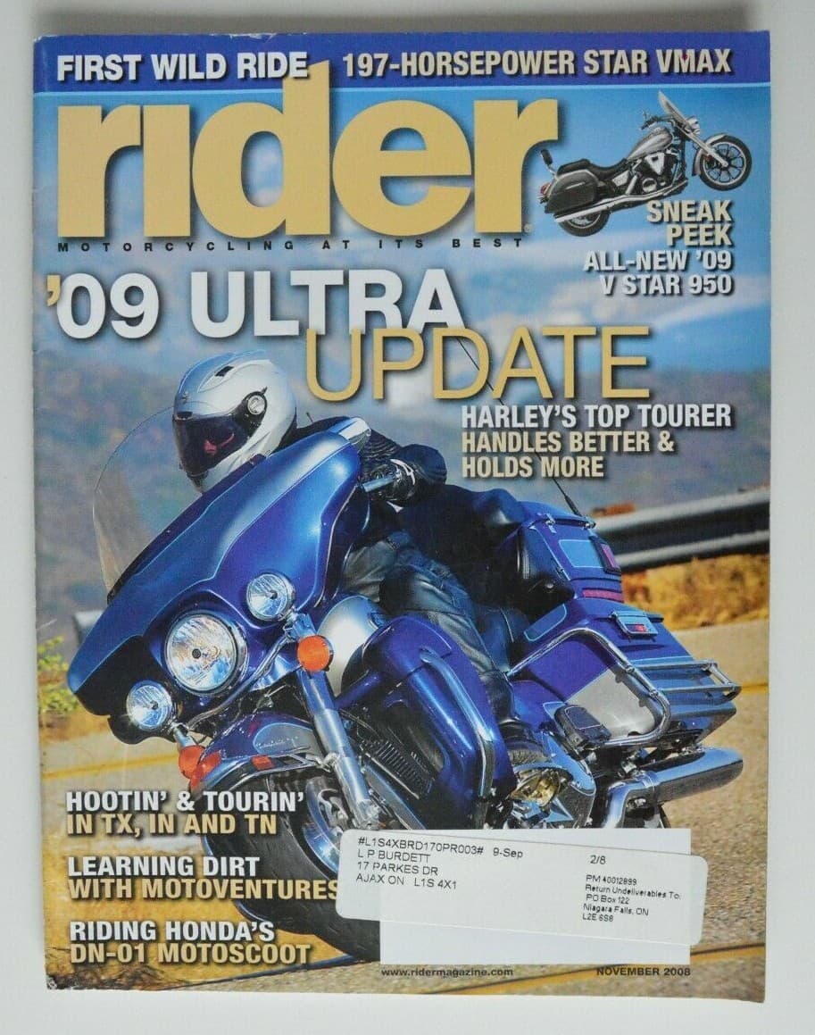 RIDER November 2008 Honda DN-01 Harley FLHTCU Electra Glide Yamaha Star Vmax