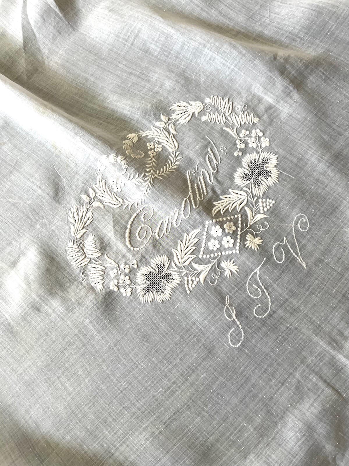 ANTIQUE  LACE - C.1880- 1900, SUPERB AMBROIDERED  WHITEWORK SHAM COVER 5