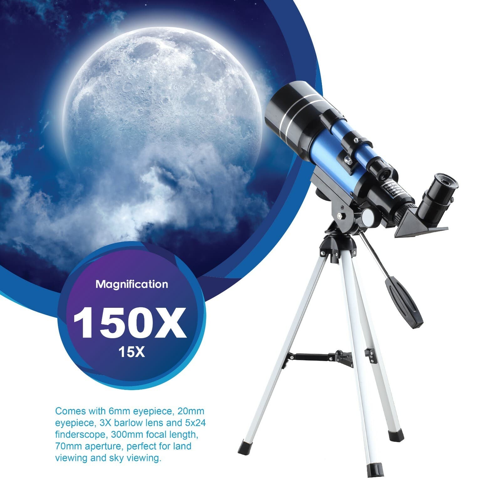 30070 Telescope for Beginner with Tripod Phone Adapter 15-150X for Moon Watching 2