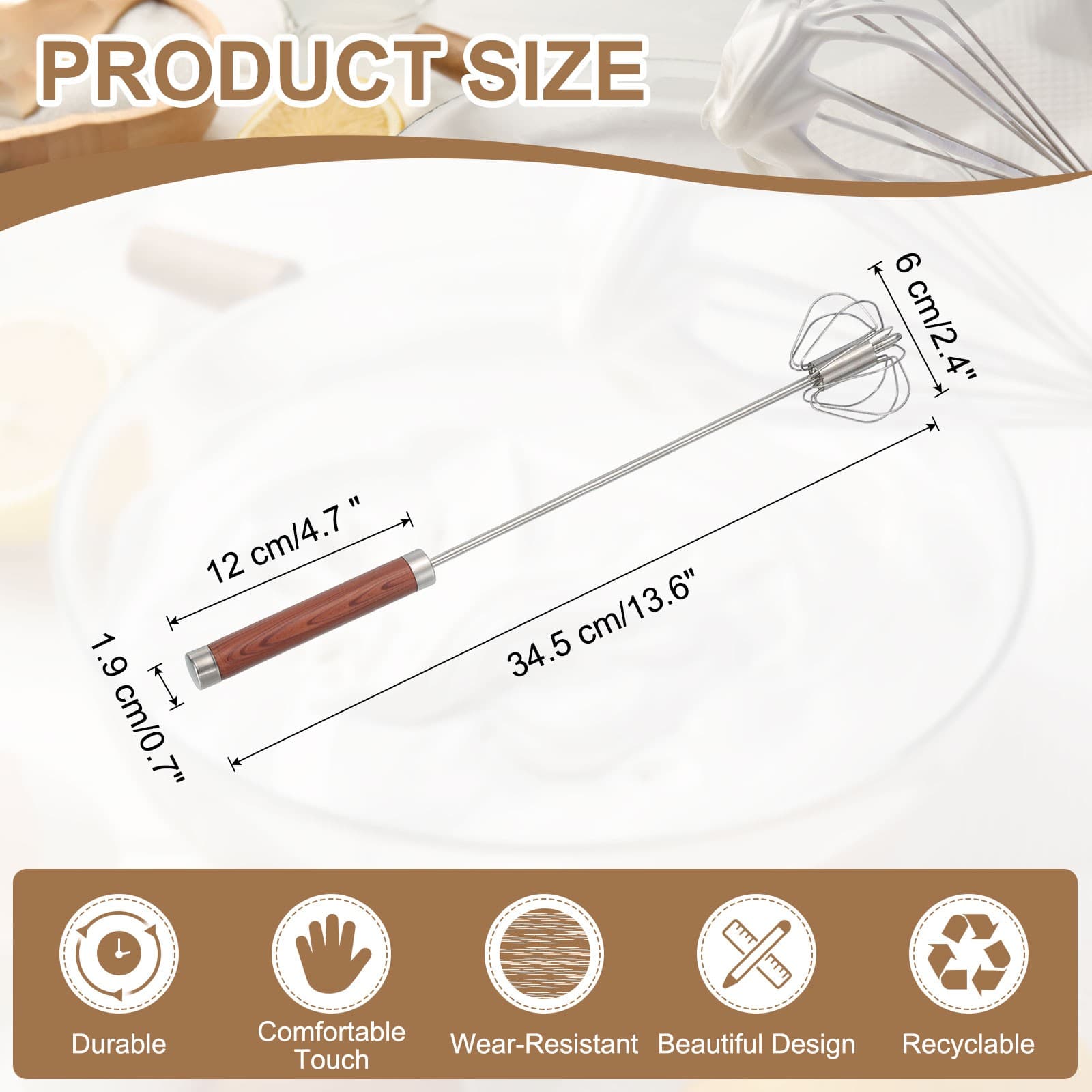 Stainless Steel Whisk, 13.6 Inch Semi-Automatic Whisking Tool, Dark Brown 2