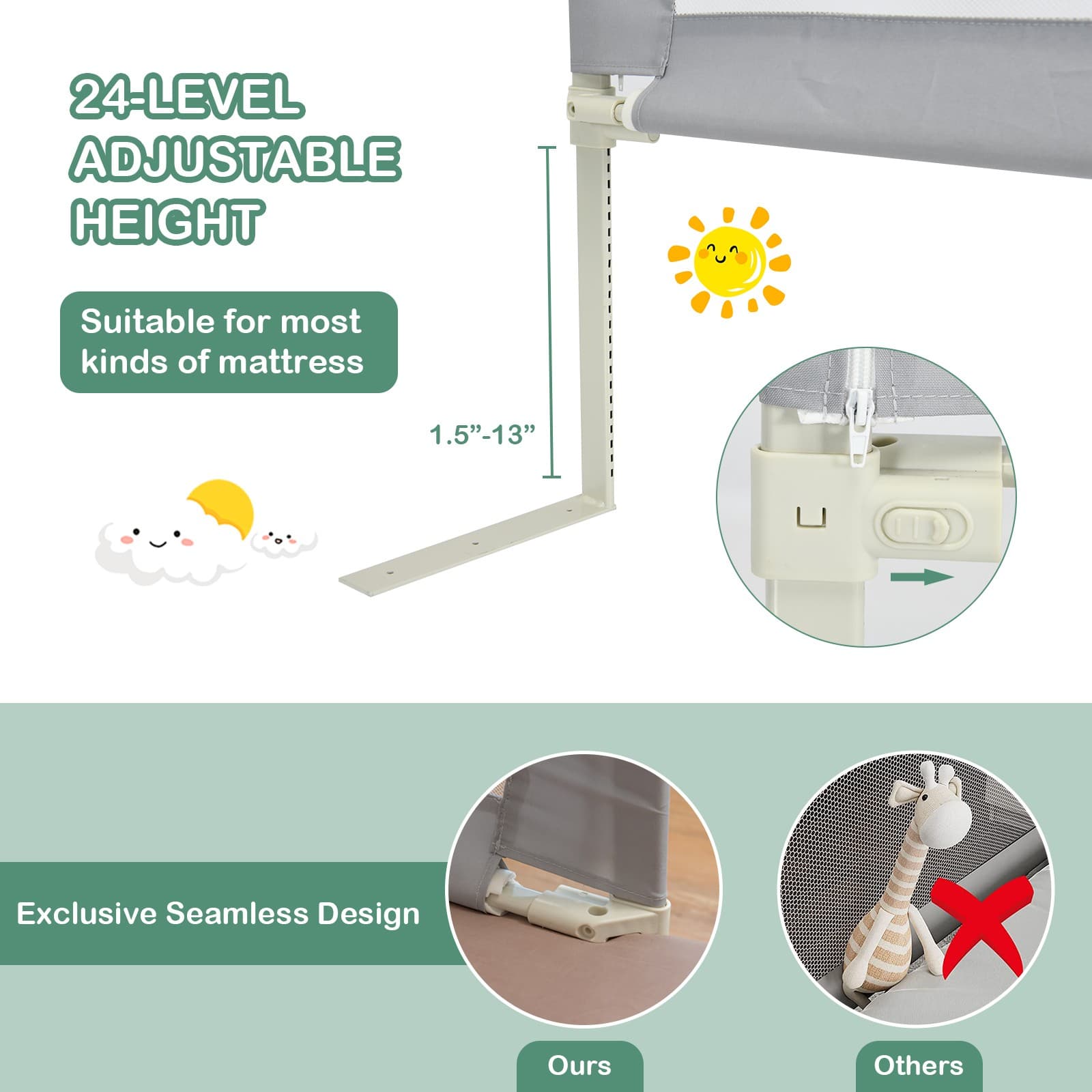 77" Bed Rails for Toddlers Vertical Lifting Baby Bedrail Guard with Lock Grey 4