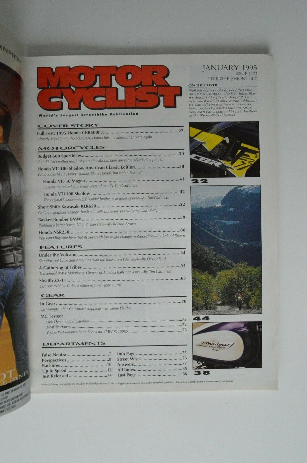 ENGINE CYCLIST January 1995 Honda CBR600 VT1100 Shadow VF750 Magna Kawasaki KLR 2