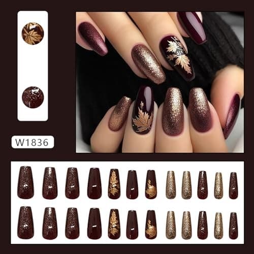 Fall Maple Leaf Press on Nails Medium Coffin Fake Nails Fall Press on Nails 1 2