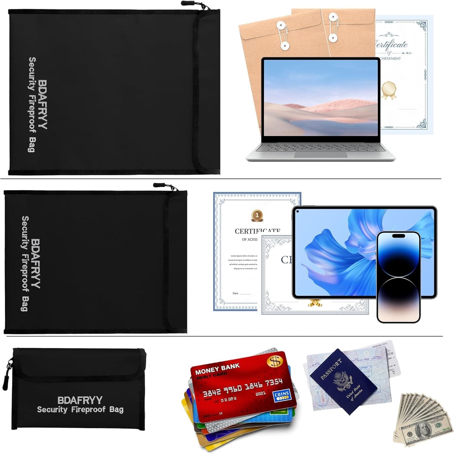 3 Pcs Fireproof Document Bag,Waterproof Money Important Document Bag(2000℉) 3